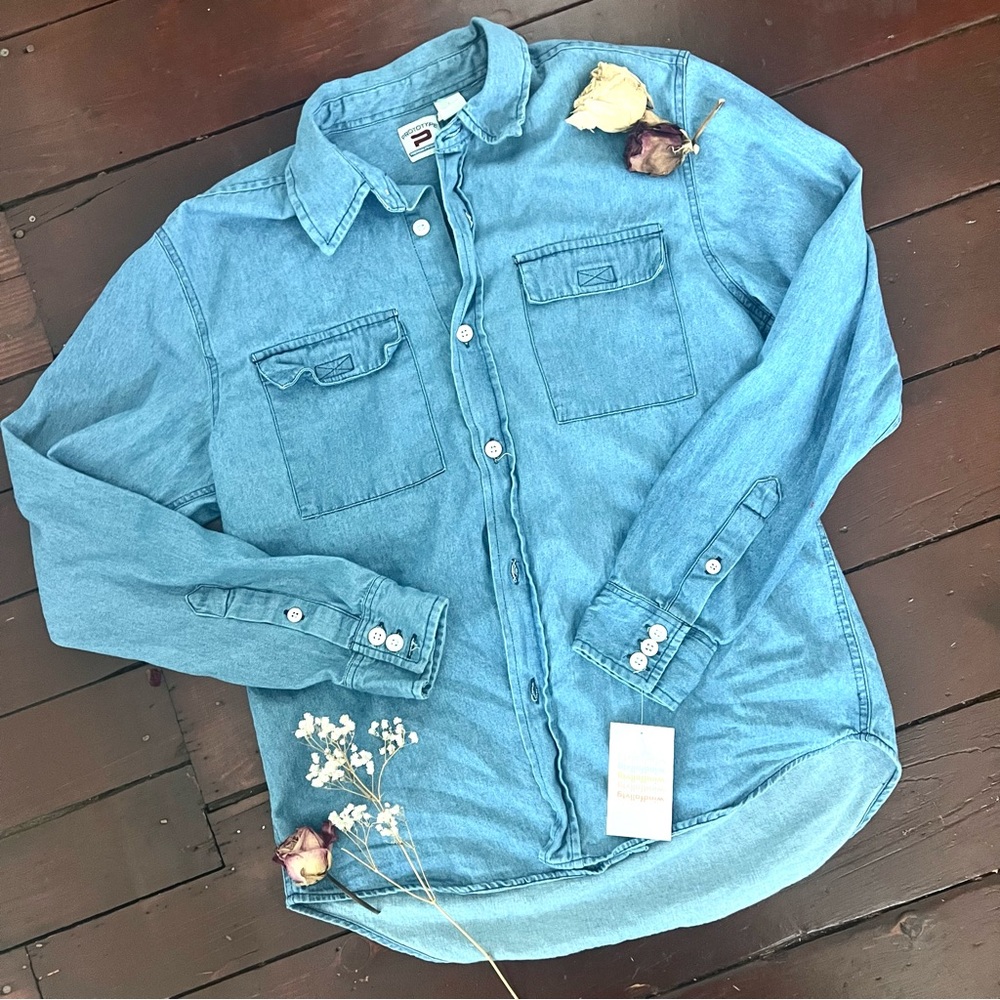Y2k Denim Shirt, Soft Button Down, Oxford, Light Wash, Blue Jean, LG